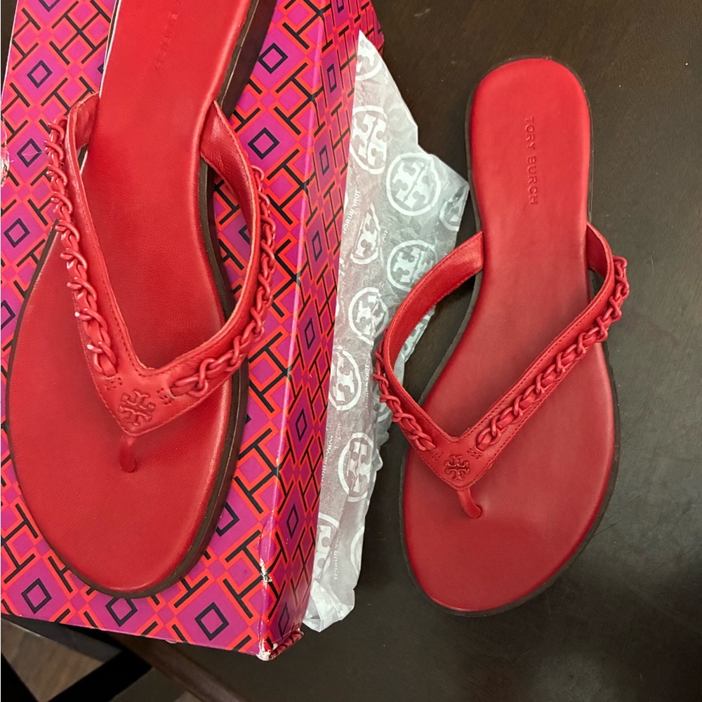 Tory Burch Red Braided Leather Thong Sandals